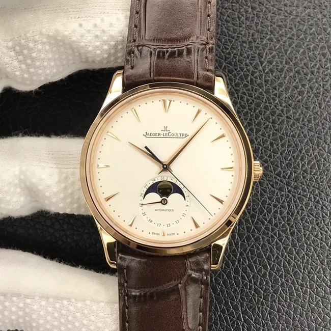 GF Factory top-tier watch Jaeger-LeCoultre men's white dial brown belt automatic movement master series leather strap watch side view