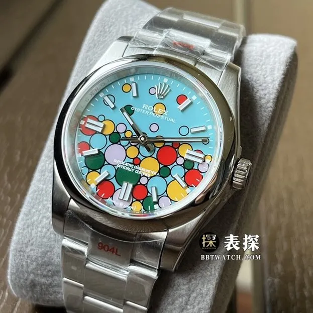 KRF Oyster Perpetual Rolex watch turquoise blue dial color balloon surface rubber model m126000-0009braceletlive photos