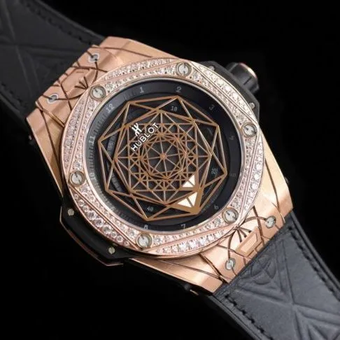 top-tier table Hublot series tattoo OEM1:1 open mold rose goldblack dial ring diamond men's mechanical watch detail shots