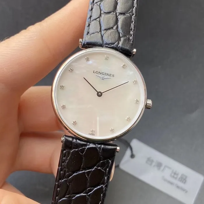 top-tier watch Longines couple watch white dial black belt Jialan series quartzleather strap watch side view