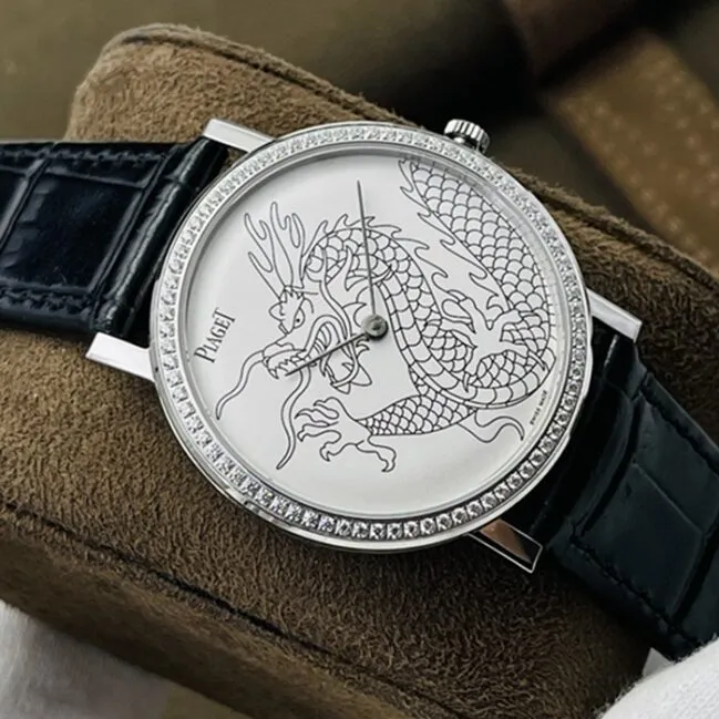 Top collectible watches Piaget Men's White Plate Black Strap Dragon and Phoenix Collection Belt Watch Side View