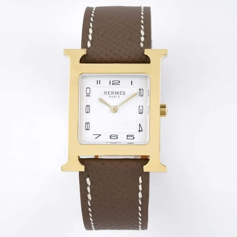 top-tiersuper cloneHermès ladies' watchHeureH series quartz square fashion watch brown braceletrose gold plate side view