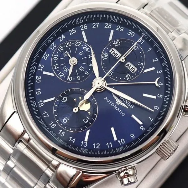 GL factory Longinesreplica watch famous eight-pin moon phase7751 blue dialsteel bracelet front view