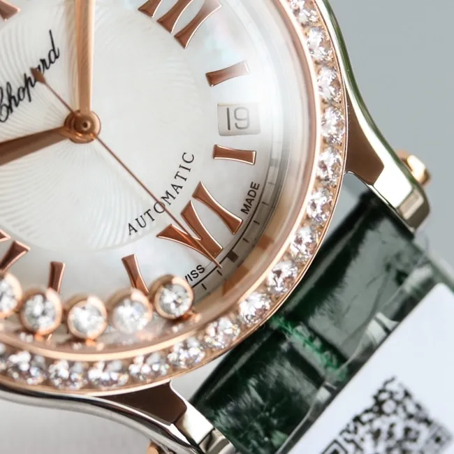 top-tier watch Chopard women's white dial green strap happy diamond HAPPY DIAMONDS series leather strap mechanical watch side view