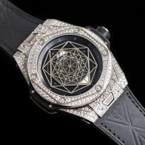 top-tier watch Hublot series tattoo OEM1:1 open mold white steel black dial full diamond men's mechanical watch side view