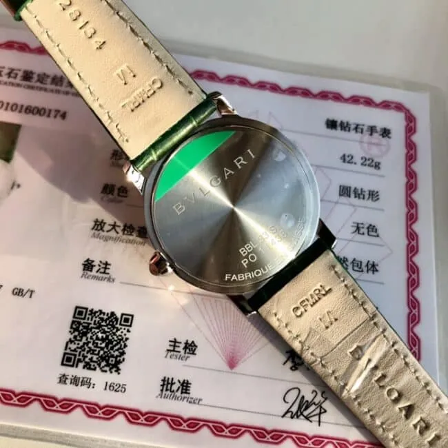 top-tier watch Bvlgari women's white dial green strap elegant fashion leather strap watch front view