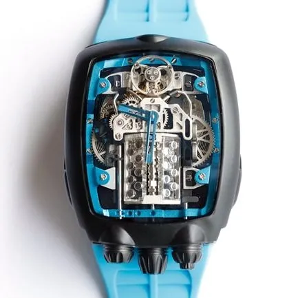 Top-tier Bugatti Veyron watch men's black dial blue rubber strap mechanical watch side view