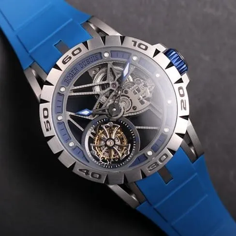 JB factory top-tier watch Roger Dubuis automatic movementtourbillon men's black dial blue rubber strap king series watch clasp picture