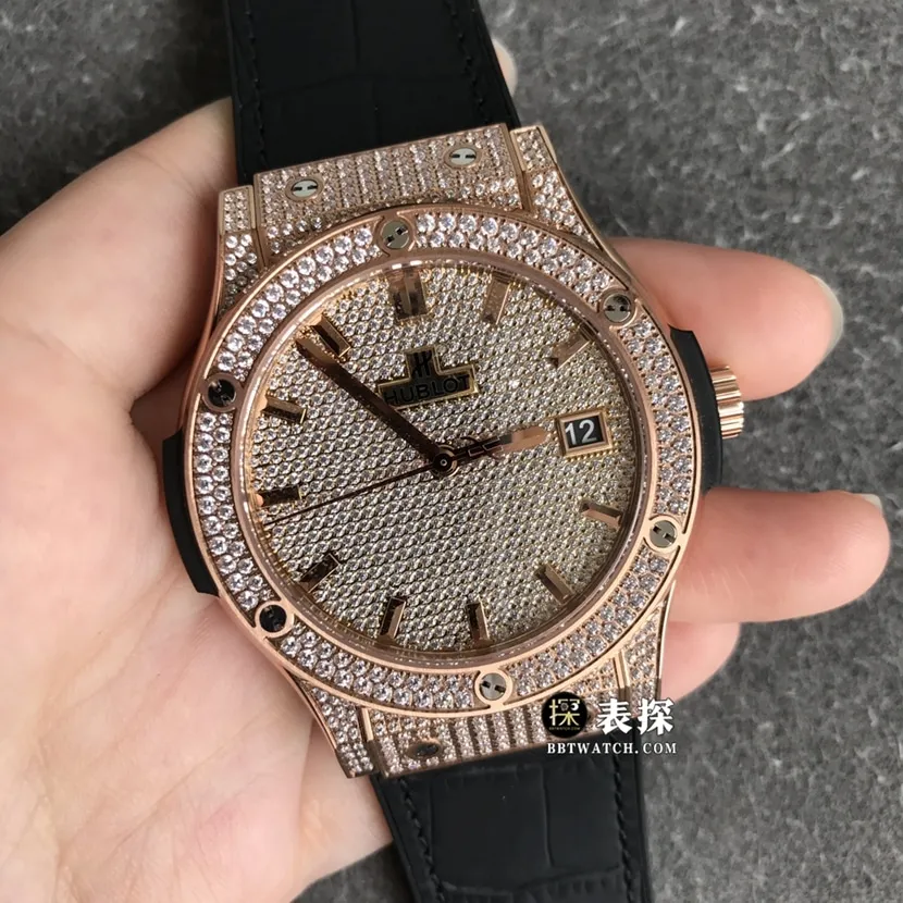 WWF classic fusion Hublot1:1replica watch rose gold full diamond plate leather strap model 511.OX.9010.LR.1704movement picture