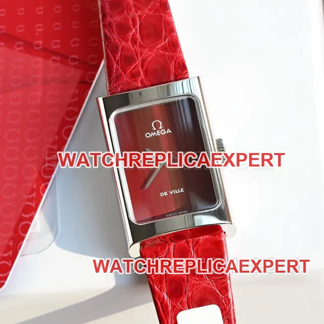 Actual Back View Photo of the Best-Quality Omega De Ville Red Dial Quartz Watch with a Red Leather Strap