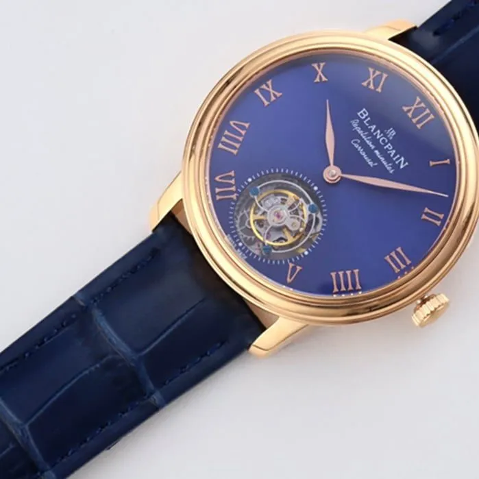 Top-tier watch Blancpain men's blue dial Art Master series leather strap watch side view