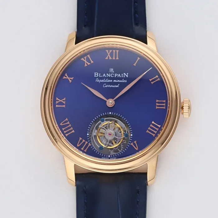 top-tier watch Blancpain men's blue dial art master series leather strap watch detail shots