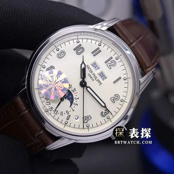 GR factory complications Patek Philippe1:1replica watch lume milk white dialmoon phaseleather strap model 5320G-001front live photo