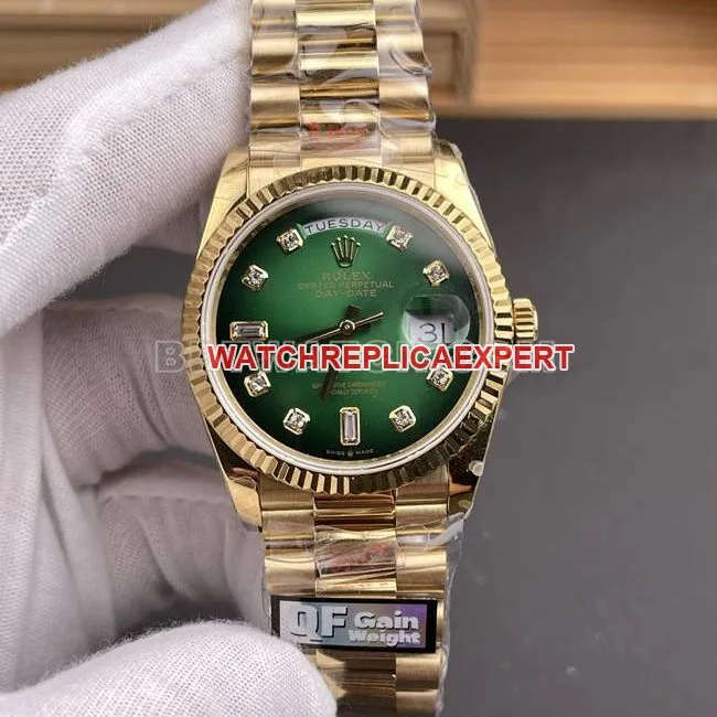 1:1replica watch QF factory Day-DateRolex smoked green dialyellow gold2836 mechanical 36mm wear live photos
