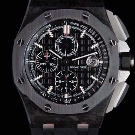 top-tier replicaAPFAudemars PiguetRoyal Oakblack dial offshore 26400 forged carbon brazing chronograph watch black dial concentrated research and development to break through barriers front view