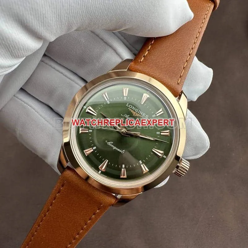 AF FactoryLongines Concas super clonegreen dialrose goldleather strap caseback live photo