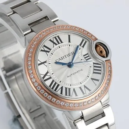 V6 factory Cartiertop-tier watch ladies blue balloon series white dialsteel bracelet mechanical watch front view
