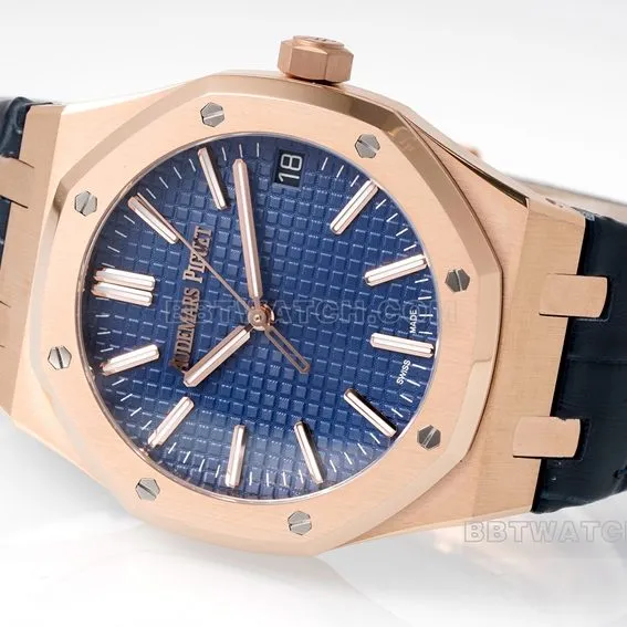 APS factory Audemars PiguetRoyal Oaktop-tier 1:1high-quality replicablue dialrose goldleather strap model 15510OR.OO.D315CR.02side live photo