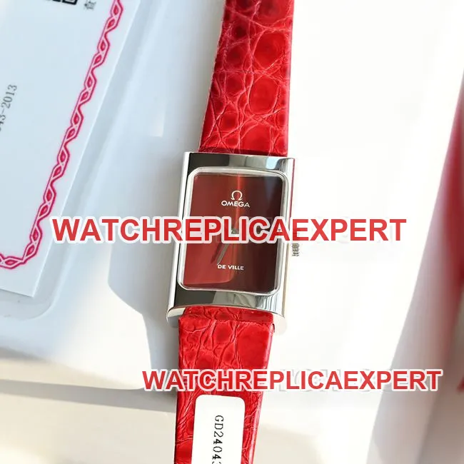 Pre-owned Omega De Ville watch, quartz movement, red dial, red leather strap with buckle, real picture