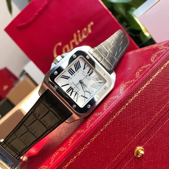 top-tier watch Cartier men's white dial black belt fully automatic movementleather strap watch clasp picture