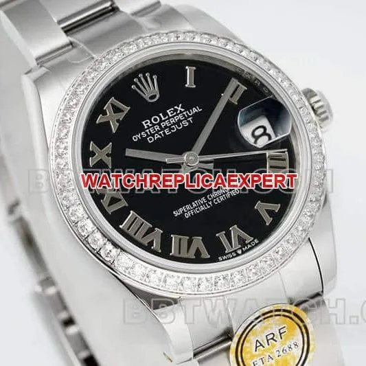 ARF FactoryRolex log super cloneblack dial Roman numerals diamond bezel31mm three grid link 278289side live photo