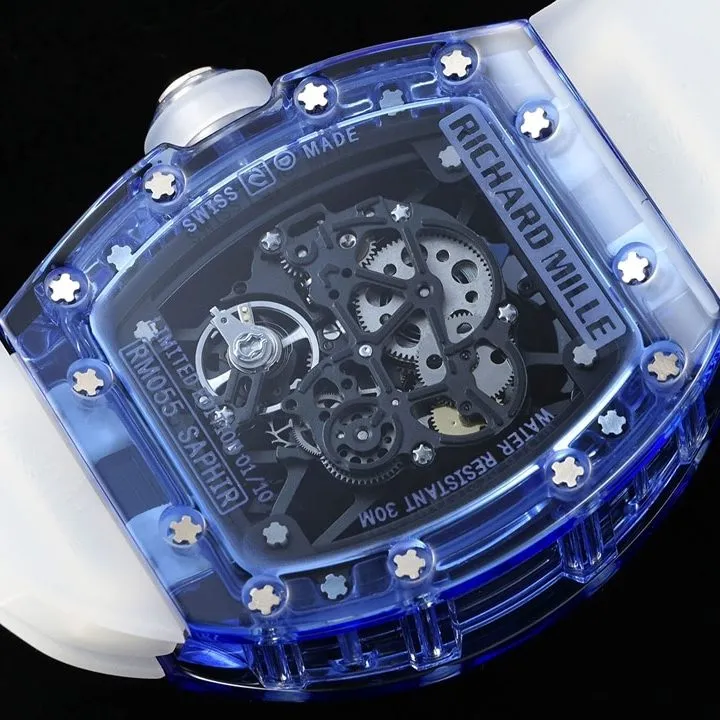 Richard Mille men's top-tier 1:1super watch blue transparent hollow disc rubber model RM35-01braceletlive photos