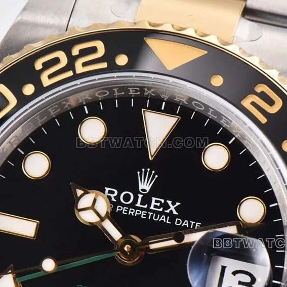 C factory RolexGMT-Master type 1:1super cloneblack dial gold steel bracelet model 116713-LN-78203side live photo