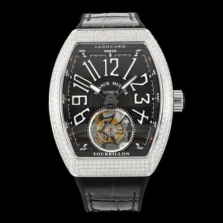 RMS factory Frank Muller men's watch black dial diamond flywheel leather strap model V 45 T D (NR) side live photo
