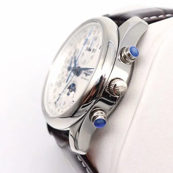 GL factory Longines high-quality watch famous eight-pin moon phase7751white dialleather strap detail shots