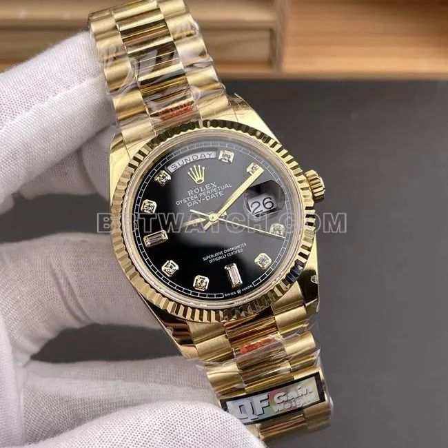 top-tier watch QF factory Day-DateRolexblack dialyellow gold2836 mechanical 36mm weight live photos