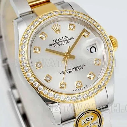ARF factory Rolex log top imitation silver plate diamond ring 31mm intermediate gold three compartment link 2783383 side actual photo