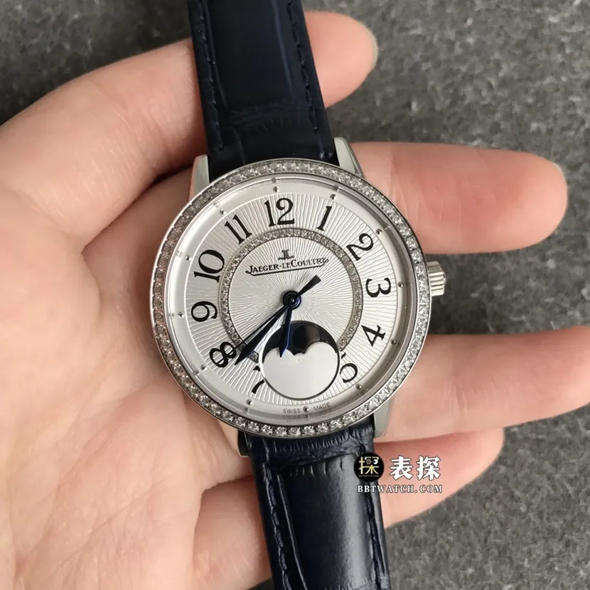 ZF FactoryJaeger-LeCoultre dating watch women's silver dialmoon phaseleather strap model pictures and prices side live photo