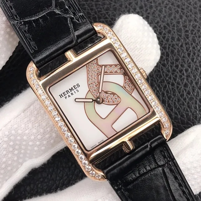 YF factory top-tier watch Hermès women's white dial black belt square stainless steel quartzleather strap watch leather strap picture