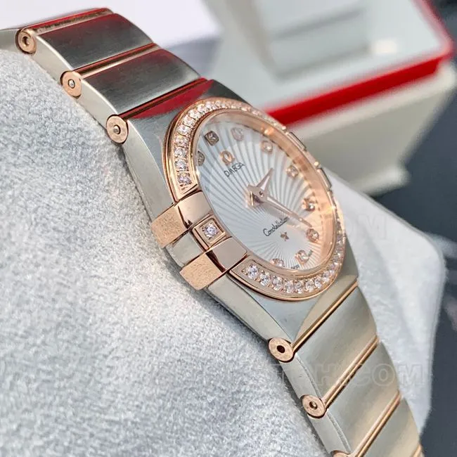 Top-Quality Watch: Omega Constellation with White Dial and Rose Gold Diamond Bezel, 28 mm, Quartz—Front View (Actual Photos)