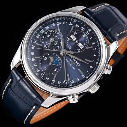 KL factory Longinestop-tier watch famous moon phase series men's blue dial blue belt automatic movementleather strap watch clasp picture