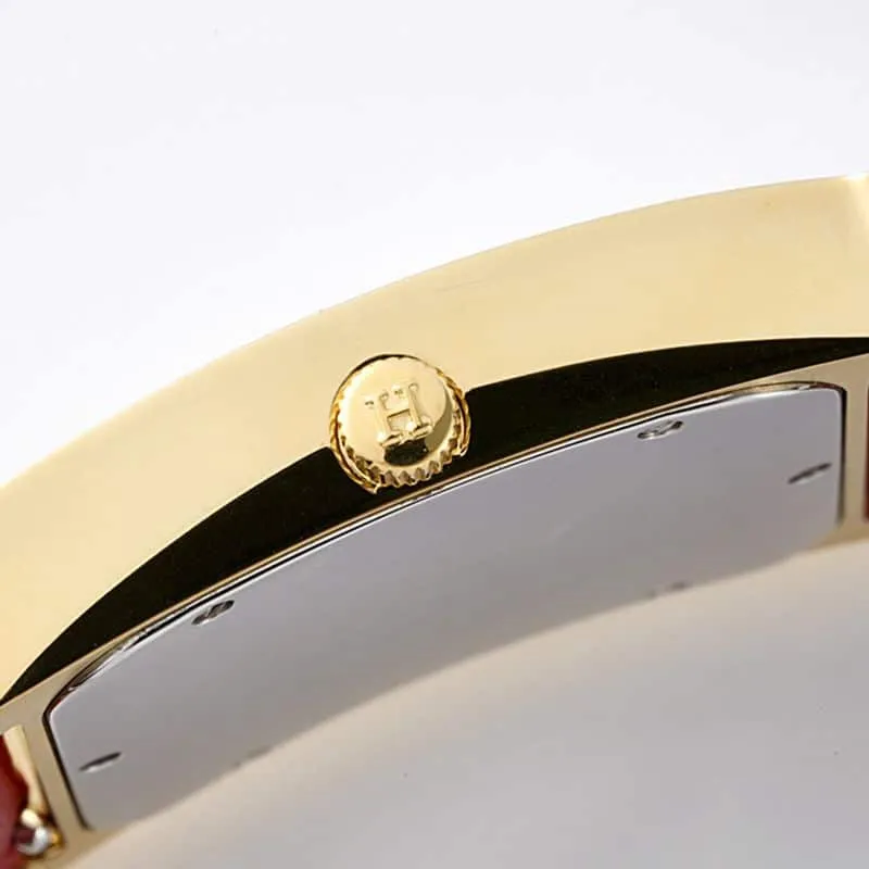 Hermès top-tierhigh-quality watch HeureH three-hand series ladies leather strapwhite dial gold watch side view