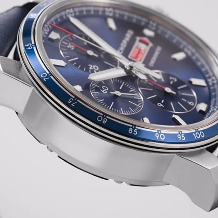 top-tier watch Chopard men's blue dial racing series leather strap watch side view