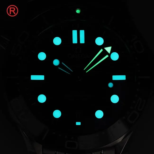 Top Omega Men's Black Plate Steel Strap Seamaster 300M Automatic Mechanical Watch Side View