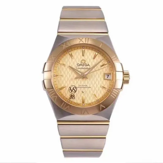 Omegasuper temperament model vs Constellation rose gold plate temperament model 8500 mechanical watch front view