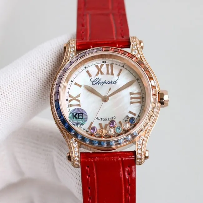 top-tier replicaChopardsuper clonechopard Happy Sport series ladies pink plate pink belt automatic movementleather strap watch movement picture