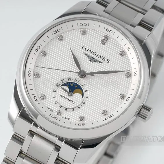 APS factory Longines watchmaking traditional top-tier 1:1super clonesilver dialmoon phasesteel bracelet model L2.909.4.77.6caseback live photo