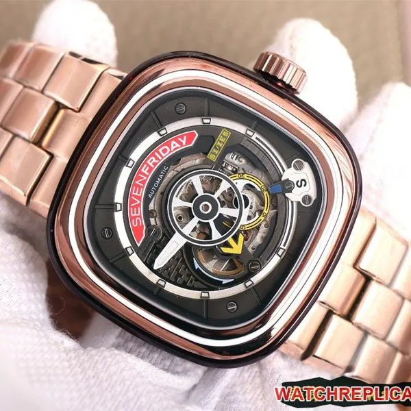 Seven day display five watch rose goldblack dial SEVENFRIDAY/automatic movementmen's watch Swiss steel bracelet large dial hollow front view