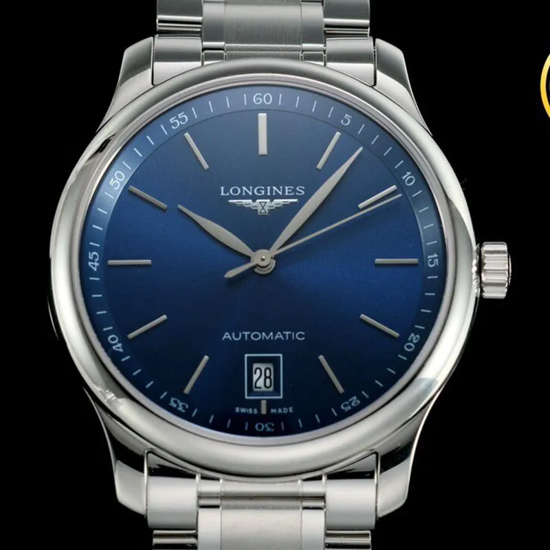 Longinestop-tier watch master series men's mechanical blue watch side view