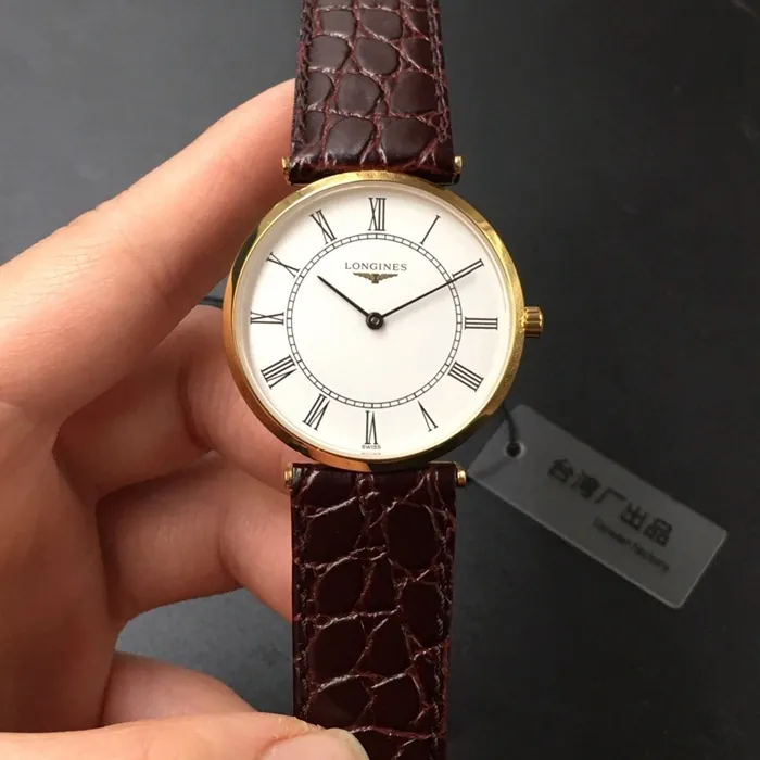 top-tier watch Longines couple watch white dial black belt Jialan series quartzleather strap watch front view