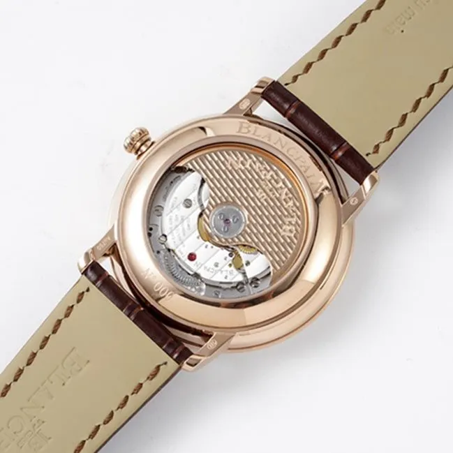 top-tier watch Blancpain men's white dial brown belt classic series leather strap watch side view