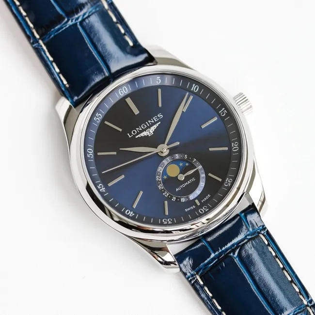 GF Factorytop-tier watch Longines men's blue dial blue belt master series leather strap watch front view