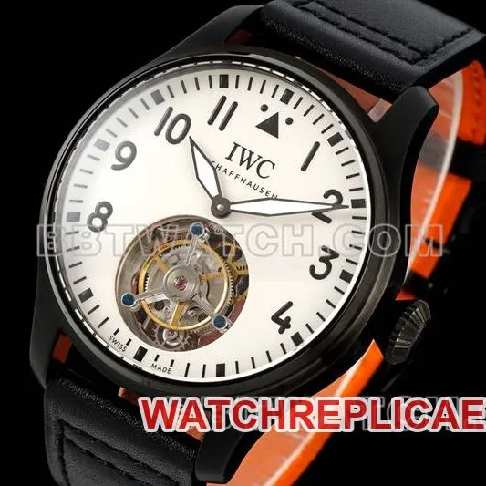IWC collectible watch RMS factory pilot white dial black shell tourbillon mechanical leather strap model braceletlive photos