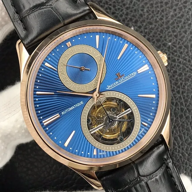 top-tier watch Jaeger-LeCoultre men's blue dial black belt tourbillon master series automatic movement watch side view