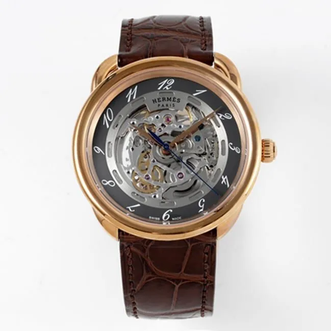 top-tier watch Hermès men's gray plate brown belt retro watch side view