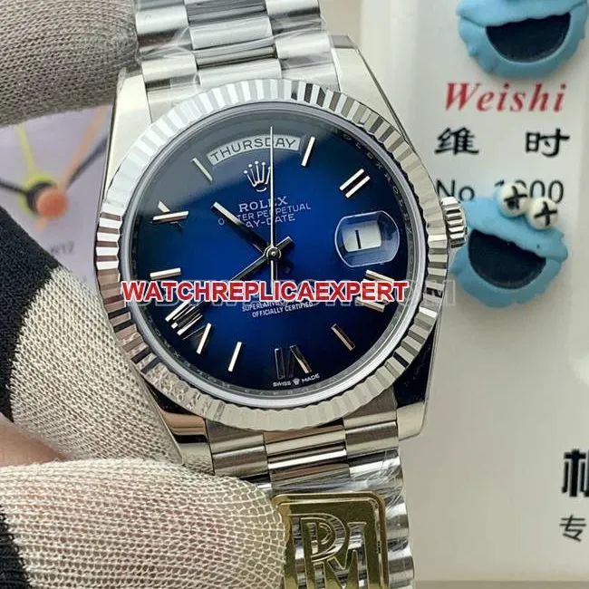 collectible watch PPM factory blue black dial Roman numerals Rolex Day-Date mechanical caseback live photo
